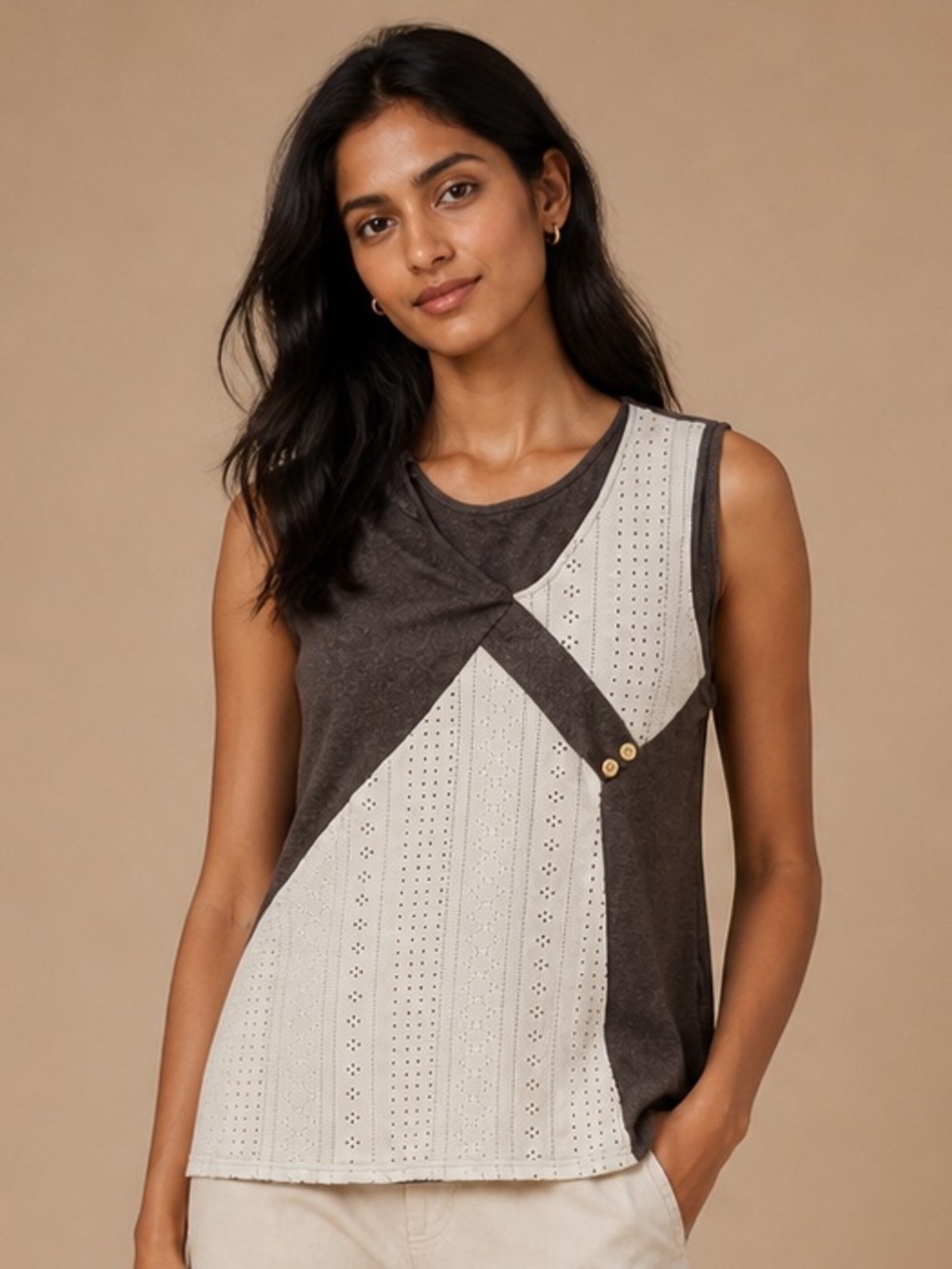 Sleeveless Colorblock Tank 2XL Gray Blue Pattern Casual Top